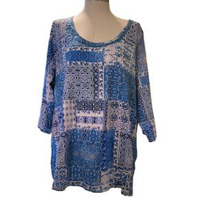 Jessica London Blue Blouse Patchwork Sequin Accents 3/4 Sleeves 26/28 JJ3284